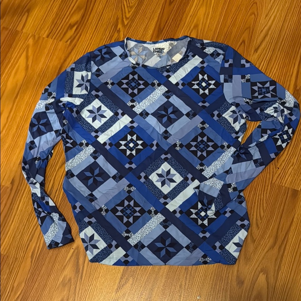 Lands' End Blue and Gray Swim Patterned Top. Size Medium.